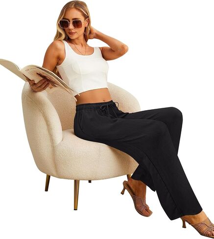 سروال بالازو نسائي واسع الساق أنيق غير رسمي صالة فضفاض بانت صيفي سفر فضفاض برباط خصر مرن بنطلون مع جيوب أسود XL in Kuwait