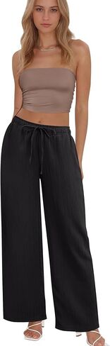 سروال بالازو نسائي واسع الساق أنيق غير رسمي صالة فضفاض بانت صيفي سفر فضفاض برباط خصر مرن بنطلون مع جيوب أسود XL in Kuwait