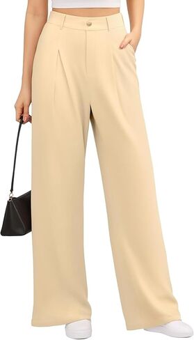 Women's High Waist Wide Leg Casual Pants Stretchy Faux Front Waffle Knit Dressy Straight Leg Pant in Saudi Arabia