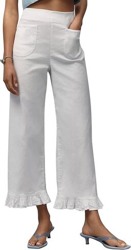 Women's Flare Wide Leg Pants Summer Casual High Waist Ruffle Cropped Hem Loose Fit Trousers with Pockets in Kuwait