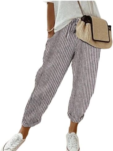 Women Casual Pants Elastic High Waisted Lightweight Striped Capri Barrel Sweatpants Trousers with Pockets in Saudi Arabia