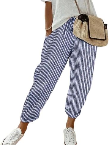 Women Casual Pants Elastic High Waisted Lightweight Striped Capri Barrel Sweatpants Trousers with Pockets in Saudi Arabia