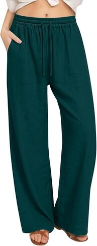 Wide Leg Pants Woman Drawstring Elastic Waist Palazzo Pant Casual Loose Solid Linen Lounge Trousers with Pockets in Kuwait