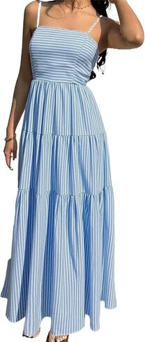 Women's Light Blue Striped Tiered Maxi Dress - Thin Strap Square Neck Flowy Summer Beach Brunch Gown in Saudi Arabia