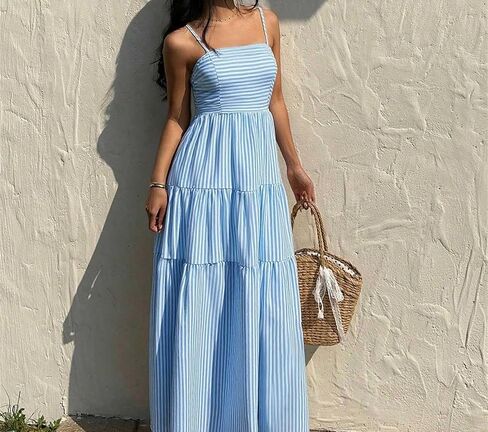 Women's Light Blue Striped Tiered Maxi Dress - Thin Strap Square Neck Flowy Summer Beach Brunch Gown in Saudi Arabia
