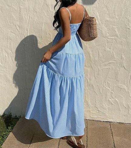 Women's Light Blue Striped Tiered Maxi Dress - Thin Strap Square Neck Flowy Summer Beach Brunch Gown in Saudi Arabia
