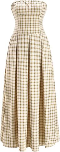 Women's Summer Plaid Tube Top Maxi Dress Cute Strapless A Line Going Out Party Dresses in Saudi Arabia