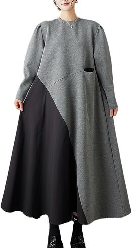 ellazhu Women's Dress Crewneck Long Sleeve Patchwork Plus Size Maxi Hem GZ770 A in Saudi Arabia