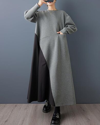 ellazhu Women's Dress Crewneck Long Sleeve Patchwork Plus Size Maxi Hem GZ770 A in Saudi Arabia