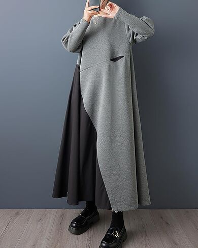 ellazhu Women's Dress Crewneck Long Sleeve Patchwork Plus Size Maxi Hem GZ770 A in Saudi Arabia