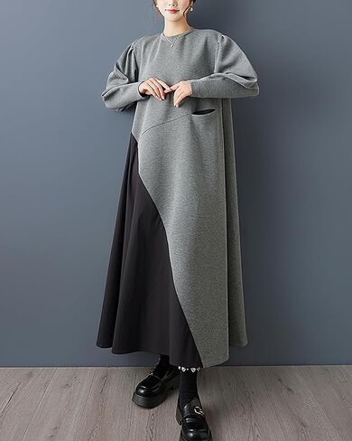 ellazhu Women's Dress Crewneck Long Sleeve Patchwork Plus Size Maxi Hem GZ770 A in Saudi Arabia
