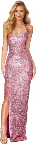Womens Halter Neck Sequin Backless Evening Dress High Slit Maxi Sparkling Formal Party Bodycon Dress in Saudi Arabia