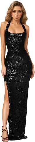 Womens Halter Neck Sequin Backless Evening Dress High Slit Maxi Sparkling Formal Party Bodycon Dress in Saudi Arabia
