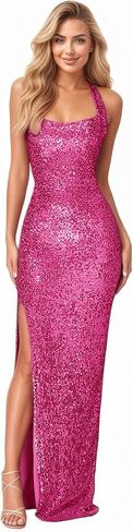 Womens Halter Neck Sequin Backless Evening Dress High Slit Maxi Sparkling Formal Party Bodycon Dress in Saudi Arabia