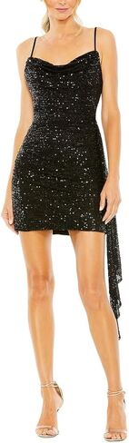 Sequined Cowl Neck Mini Dress in Black by Mac Duggal in Saudi Arabia