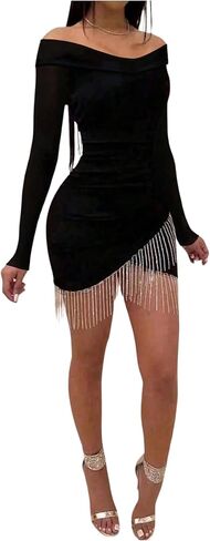SHENHE Women's Sexy Off Shoulder Long Sleeve Dress Tassel Fringe Cocktail Party Bodycon Mini Dress in Saudi Arabia