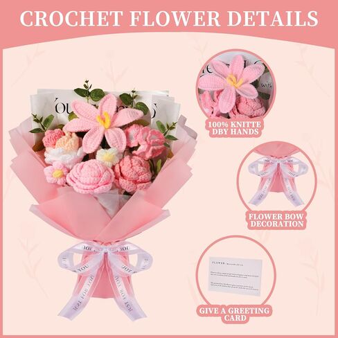 Crochet Flower Bouquet, Handmade Bouquet of Flowers, Pink Knitted Flowers for Birthday Party Wedding Anniversary Mother's Day Graduation Gifts(Pink) in Saudi Arabia