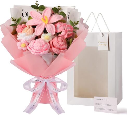 Crochet Flower Bouquet, Handmade Bouquet of Flowers, Pink Knitted Flowers for Birthday Party Wedding Anniversary Mother's Day Graduation Gifts(Pink) in Saudi Arabia