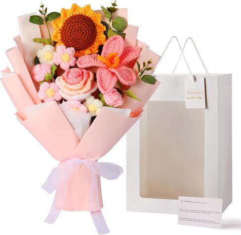 Crochet Flower Bouquet, Handmade Bouquet of Flowers, Pink Knitted Flowers for Birthday Party Wedding Anniversary Mother's Day Graduation Gifts(Pink) in Saudi Arabia