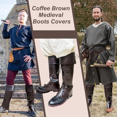 أغطية أحذية القراصنة ملحقات زي عصر النهضة في العصور الوسطى، غطاء أحذية Steampunk Vikingbrown من جلد البولي يوريثان عالي الركبة من Renfaire لحفلات الهالوين in Kuwait