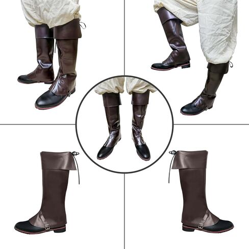 أغطية أحذية القراصنة ملحقات زي عصر النهضة في العصور الوسطى، غطاء أحذية Steampunk Vikingbrown من جلد البولي يوريثان عالي الركبة من Renfaire لحفلات الهالوين in Kuwait