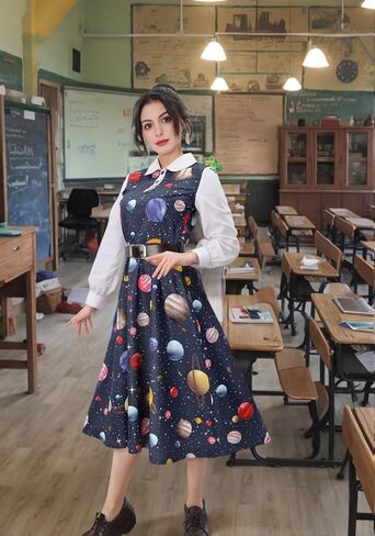 C-ZOFEK أزياء الهالوين للمعلم التأثيرية فستان كوكب الفضاء السحري للنساء بياقة الدمية وأكمام طويلة وأقراط الحافلة ملابس كاملة in Saudi Arabia