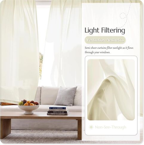 Beauoop Warm Beige Semi Sheer Curtains 84 Inches Long 2 Panels for Living Room Bedroom Faux Silk Light Filtering Non-See-Through Privacy Airy Rod Pocket Voile Window Treatment Drapes, 52x84 Set of 2 in Kuwait