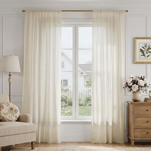 Beauoop Warm Beige Semi Sheer Curtains 84 Inches Long 2 Panels for Living Room Bedroom Faux Silk Light Filtering Non-See-Through Privacy Airy Rod Pocket Voile Window Treatment Drapes, 52x84 Set of 2 in Kuwait