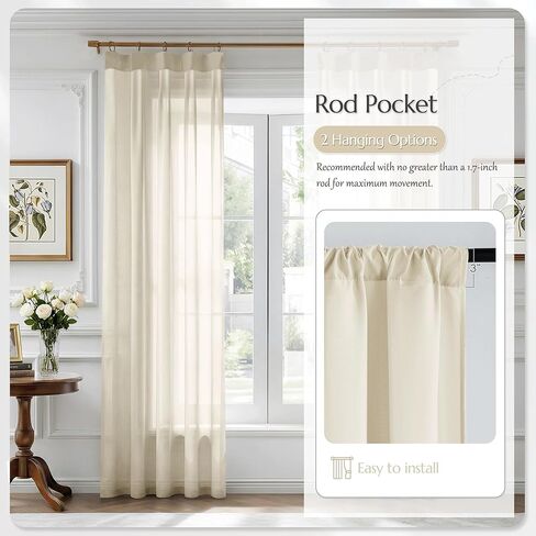 Beauoop Warm Beige Semi Sheer Curtains 84 Inches Long 2 Panels for Living Room Bedroom Faux Silk Light Filtering Non-See-Through Privacy Airy Rod Pocket Voile Window Treatment Drapes, 52x84 Set of 2 in Kuwait