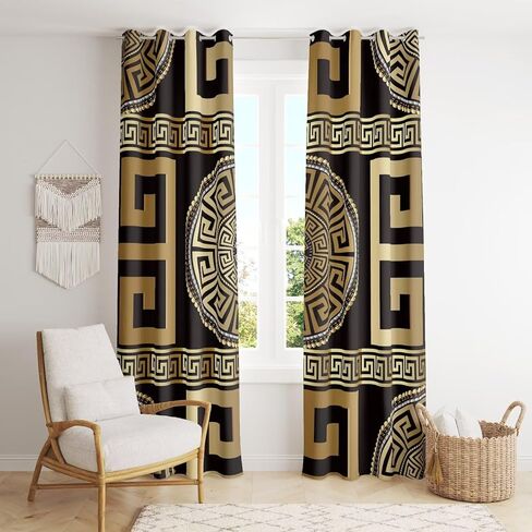 Black Gold Greek Key Meander 3D Retro Print Window Curtain Panel, 3D Geometric Gold Print Luxury Blackout Privacy Drapes, 2 Panels Grommet Light Filtering Window Curtains，Two pieces total 84"W X 84"L in Saudi Arabia