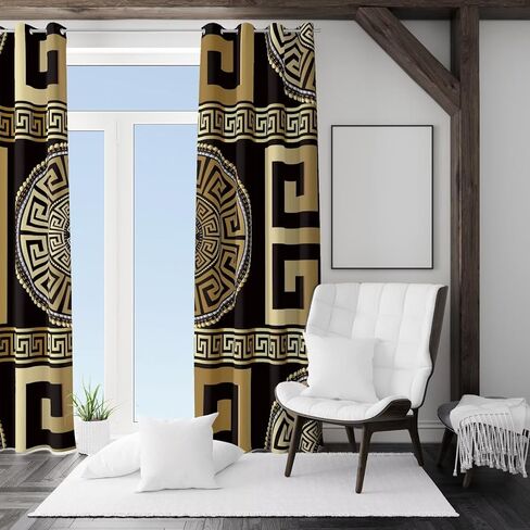 Black Gold Greek Key Meander 3D Retro Print Window Curtain Panel, 3D Geometric Gold Print Luxury Blackout Privacy Drapes, 2 Panels Grommet Light Filtering Window Curtains，Two pieces total 84"W X 84"L in Saudi Arabia