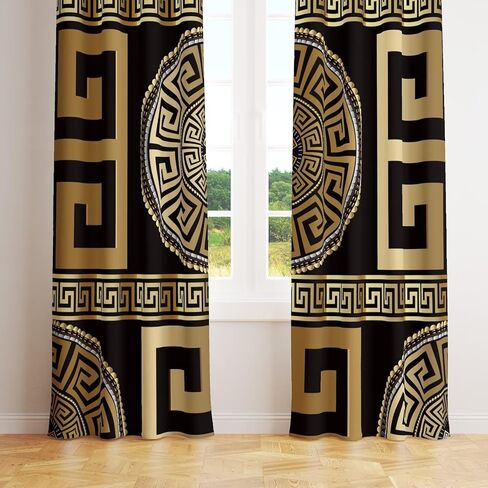 Black Gold Greek Key Meander 3D Retro Print Window Curtain Panel, 3D Geometric Gold Print Luxury Blackout Privacy Drapes, 2 Panels Grommet Light Filtering Window Curtains，Two pieces total 84"W X 84"L in Saudi Arabia