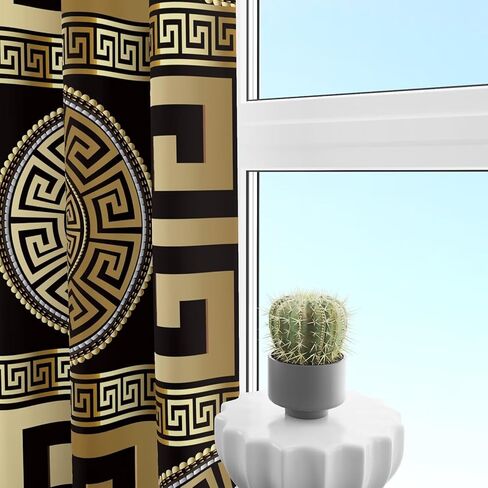 Black Gold Greek Key Meander 3D Retro Print Window Curtain Panel, 3D Geometric Gold Print Luxury Blackout Privacy Drapes, 2 Panels Grommet Light Filtering Window Curtains，Two pieces total 84"W X 84"L in Saudi Arabia