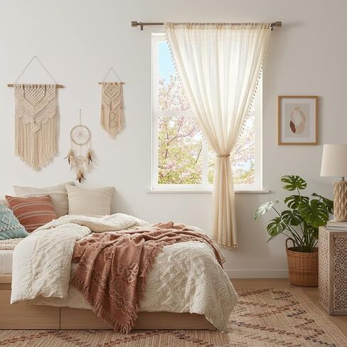 Boho Lace Curtains 63 Inch Length - Beige Vintage Crochet Semi-Sheer Panel Privacy & Light Filtering, Rustic Farmhouse Style Drape for Bedroom, Living Room, Dining Room (1 Panel, W59 x L63) in Kuwait