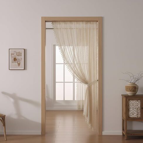 Boho Lace Curtains 63 Inch Length - Beige Vintage Crochet Semi-Sheer Panel Privacy & Light Filtering, Rustic Farmhouse Style Drape for Bedroom, Living Room, Dining Room (1 Panel, W59 x L63) in Kuwait