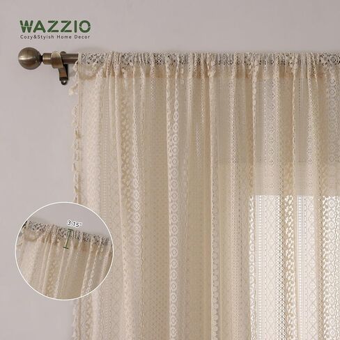 Boho Lace Curtains 63 Inch Length - Beige Vintage Crochet Semi-Sheer Panel Privacy & Light Filtering, Rustic Farmhouse Style Drape for Bedroom, Living Room, Dining Room (1 Panel, W59 x L63) in Kuwait