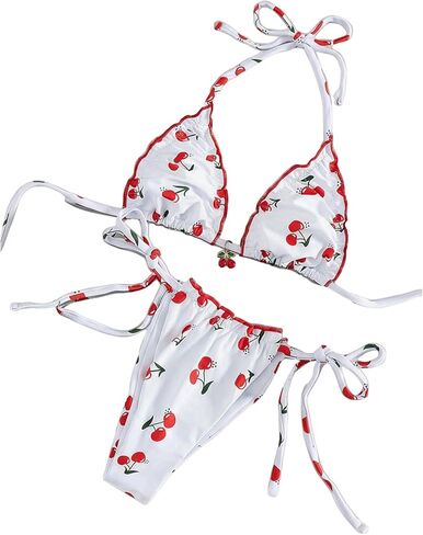 Women's 2 Piece Halter Bikini Set Cherry Print Ruffled String Triangle Swimsuits Bathing Suits Vacation Outfits in Saudi Arabia