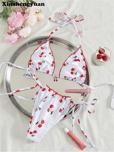 Women's 2 Piece Halter Bikini Set Cherry Print Ruffled String Triangle Swimsuits Bathing Suits Vacation Outfits in Saudi Arabia