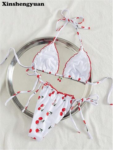 Women's 2 Piece Halter Bikini Set Cherry Print Ruffled String Triangle Swimsuits Bathing Suits Vacation Outfits in Saudi Arabia
