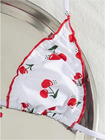 Women's 2 Piece Halter Bikini Set Cherry Print Ruffled String Triangle Swimsuits Bathing Suits Vacation Outfits in Saudi Arabia