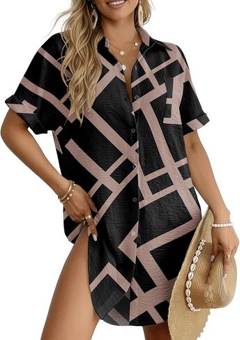 HiMONE Women’s Button Down Shirt Dress Casual Loose Short Sleeve Collared Tunic with Pocket Lightweight Beach Cover Up in Saudi Arabia