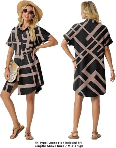 HiMONE Women’s Button Down Shirt Dress Casual Loose Short Sleeve Collared Tunic with Pocket Lightweight Beach Cover Up in Saudi Arabia