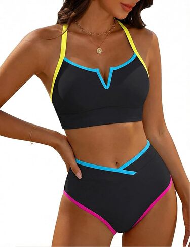 BMJL Women's High Waisted Bikini Sets Color Block Sporty Two Piece Swimsuits Tummy Control V-Neck Crop Top Bathing Suits in Saudi Arabia