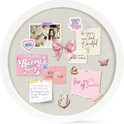 Small Round Bulletin Board with Linen, 13 inches Diameter Bulletin Board with White Wood Frame, Decorative Hanging Pin Board Vision Board Message Board for Office School Home Decor(3333,1p) in Kuwait