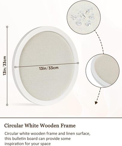 Small Round Bulletin Board with Linen, 13 inches Diameter Bulletin Board with White Wood Frame, Decorative Hanging Pin Board Vision Board Message Board for Office School Home Decor(3333,1p) in Kuwait
