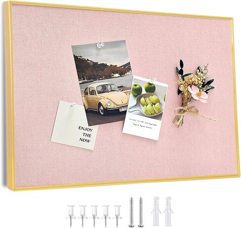 Bulletin Board with Golden Aluminum Frame, Pink Fabric Cork Board for Walls, 17 x 13 inches Pin Board with Push Pins for Office Home(G-AL,PK,4333) in Kuwait