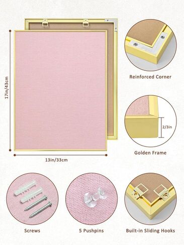 Bulletin Board with Golden Aluminum Frame, Pink Fabric Cork Board for Walls, 17 x 13 inches Pin Board with Push Pins for Office Home(G-AL,PK,4333) in Kuwait