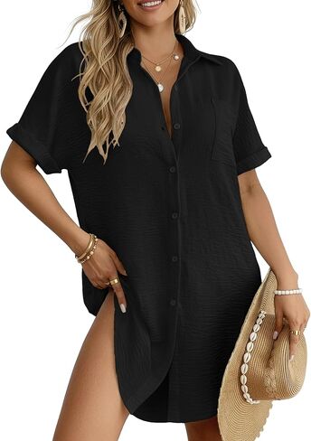 HiMONE Women’s Button Down Shirt Dress Casual Loose Short Sleeve Collared Tunic with Pocket Lightweight Beach Cover Up in Kuwait