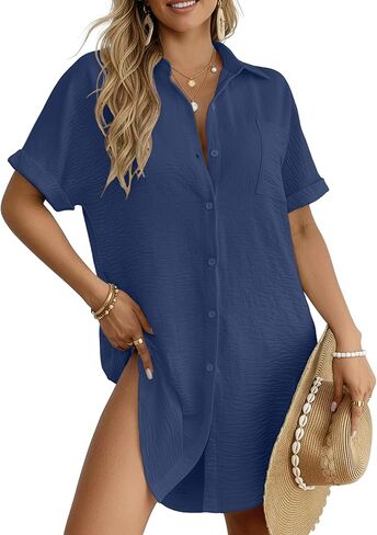 HiMONE Women’s Button Down Shirt Dress Casual Loose Short Sleeve Collared Tunic with Pocket Lightweight Beach Cover Up in Saudi Arabia