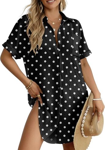 HiMONE Women’s Button Down Shirt Dress Casual Loose Short Sleeve Collared Tunic with Pocket Lightweight Beach Cover Up in Saudi Arabia